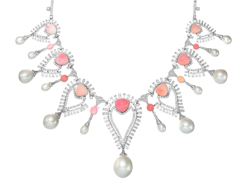 Sarah Ho designed multi-color conch pearl, pearl, and diamond necklace