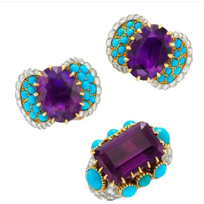 Cartier earrings, ring, and brooch, 1950s
Gold, amethyst, turquoise, diamonds