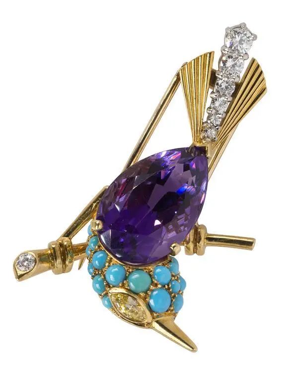 Cartier earrings, ring, and brooch, 1950s
Gold, amethyst, turquoise, diamonds