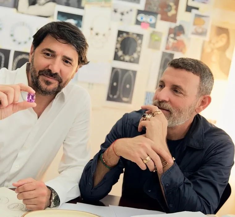 Pomellato's gemstone master Stefano Cortecci and Creative Director Vincenzo Castaldo work at the Milan headquarters.