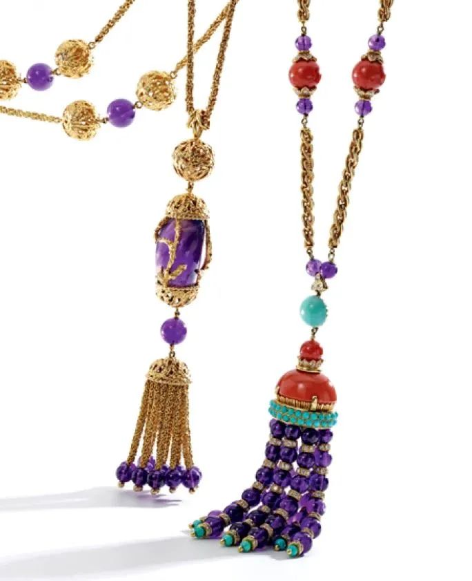 Van Cleef & Arpels tassel necklace, 1970s
Gold, amethyst, turquoise, coral, diamonds