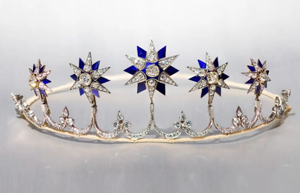 "Old mine cut diamond and enamel six-star tiara, circa 1890
From the collection of A La Vieille Russie"