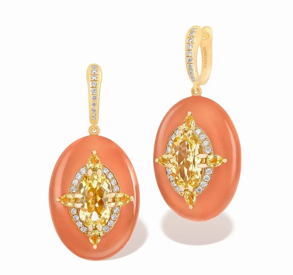 Inlay Reveal Gold Earrings, by Boghossian.
Set with two oval-cut citrines totaling 3.4ct, two oval-cut orange-red quartzes totaling 38.26ct, eight pear-cut citrines, and round brilliant-cut diamonds.