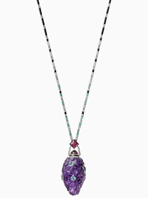 Cartier Malvina perfume pendant necklace
Diamonds, Paraiba tourmaline, rubellite, amethyst, banded agate