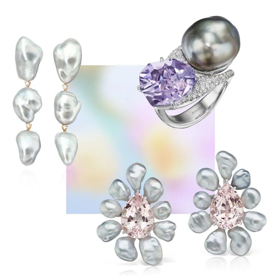 Clockwise from top left:
Assael Keshi pearl and diamond earrings
Assael Tahitian Keshi pearl, amethyst, and diamond ring
Assael morganite Keshi earrings