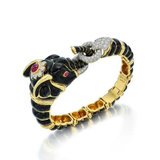 David Webb Elephant Bangle
Gold, Enamel, Ruby, Diamond