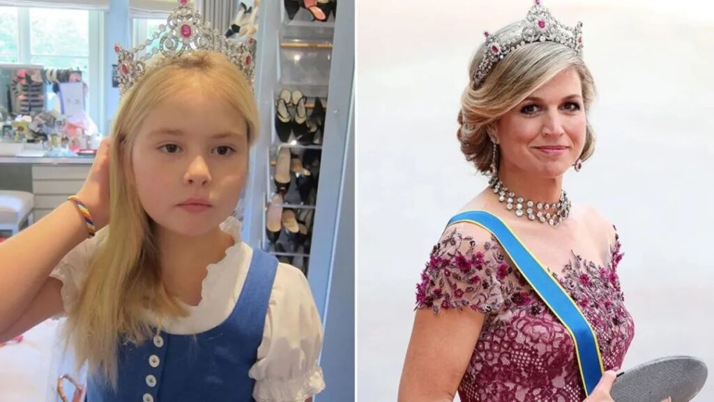 Princess Catharina-Amalia of the Netherlands as a child trying on her mother's ruby tiara