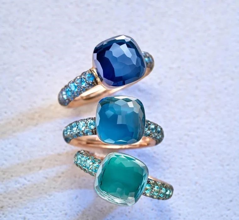 Pomellato's Nudo deep blue ring is crafted from stone-on-stone, creating new colors by layering translucent stones over darker solid ones.