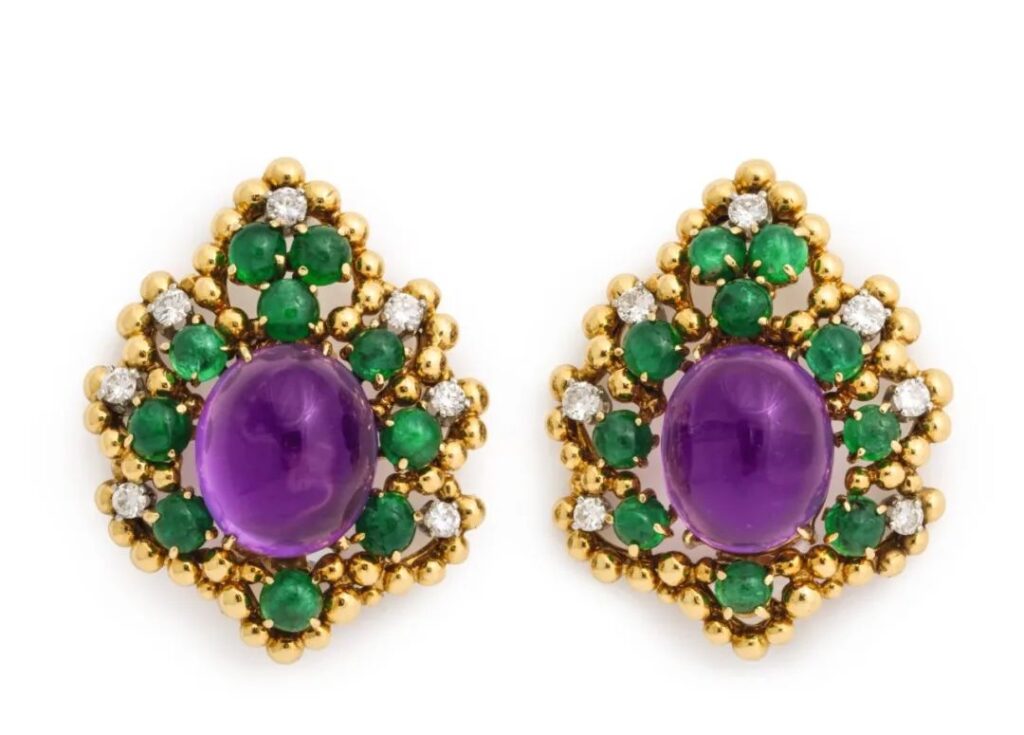 David Webb amethyst, emerald, and diamond earrings