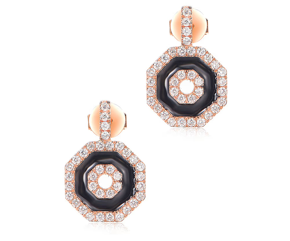 Temple & Grace Jewelry
18K gold, black enamel, diamond Octagon earrings