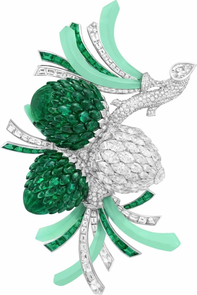 Van Cleef & Arpels 
Pomme de pin brooch
Set with Navette Mystery Set emeralds,
Navette Mystery Set diamonds, emeralds, chrysoprase, diamonds