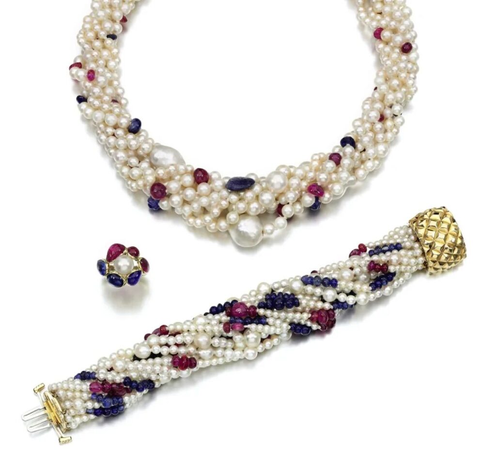 David Webb necklace, bracelet, ring
Pearls, sapphires, rubies