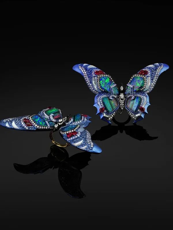 Austy Lee Butterfly Earrings
Gold, mother-of-pearl, black opal, ruby, diamond, sapphire