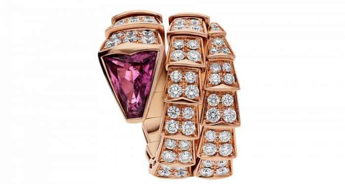 SERPENTI VIPER series double coil ring
Made of 18K rose gold, set with red tourmaline and fully pavé-set with diamonds