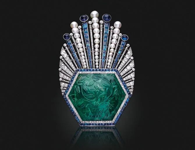 Art Deco carved emerald, sapphire, diamond, and pearl egret tiara created by Paul Iribe for Robert Linzeler