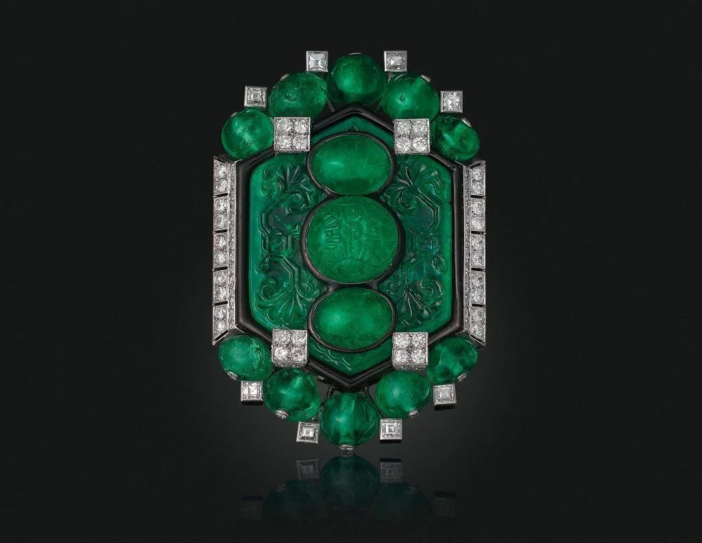 Cartier Art Deco emerald, diamond, and enamel brooch