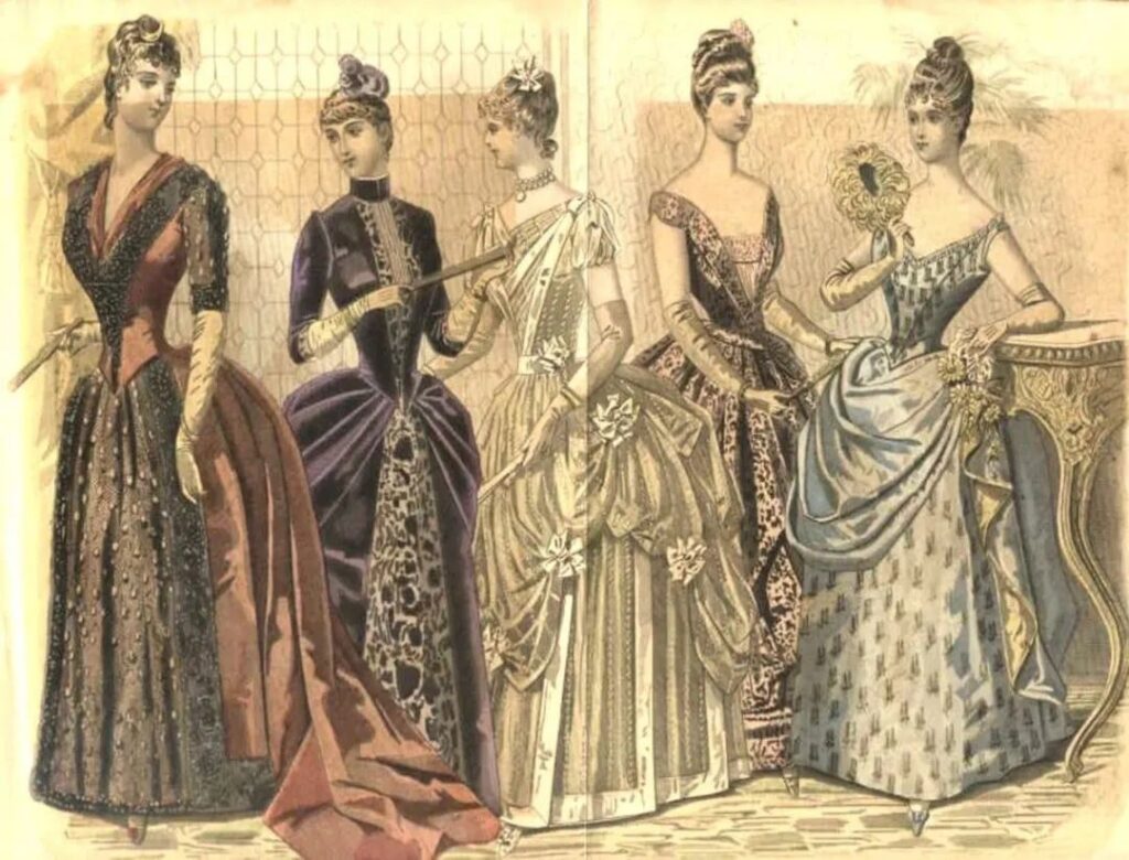 An illustration depicting Victorian women's attire
The famous crinoline and bustle skirts were born in this era.