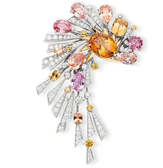 Chaumet
Lueurs d'Orage high jewelry series brooch
Imperial topaz, Padparadscha sapphire, yellow sapphire, diamonds