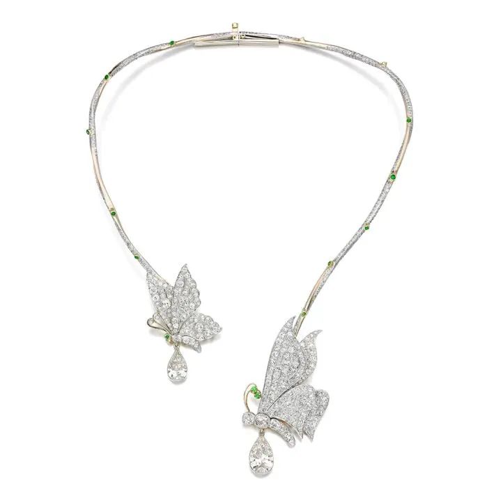 Eliane Fattal x Sotheby's Diamond Butterfly Necklace
Set with a pair of antique butterflies, platinum, yellow gold, tsavorite, diamonds