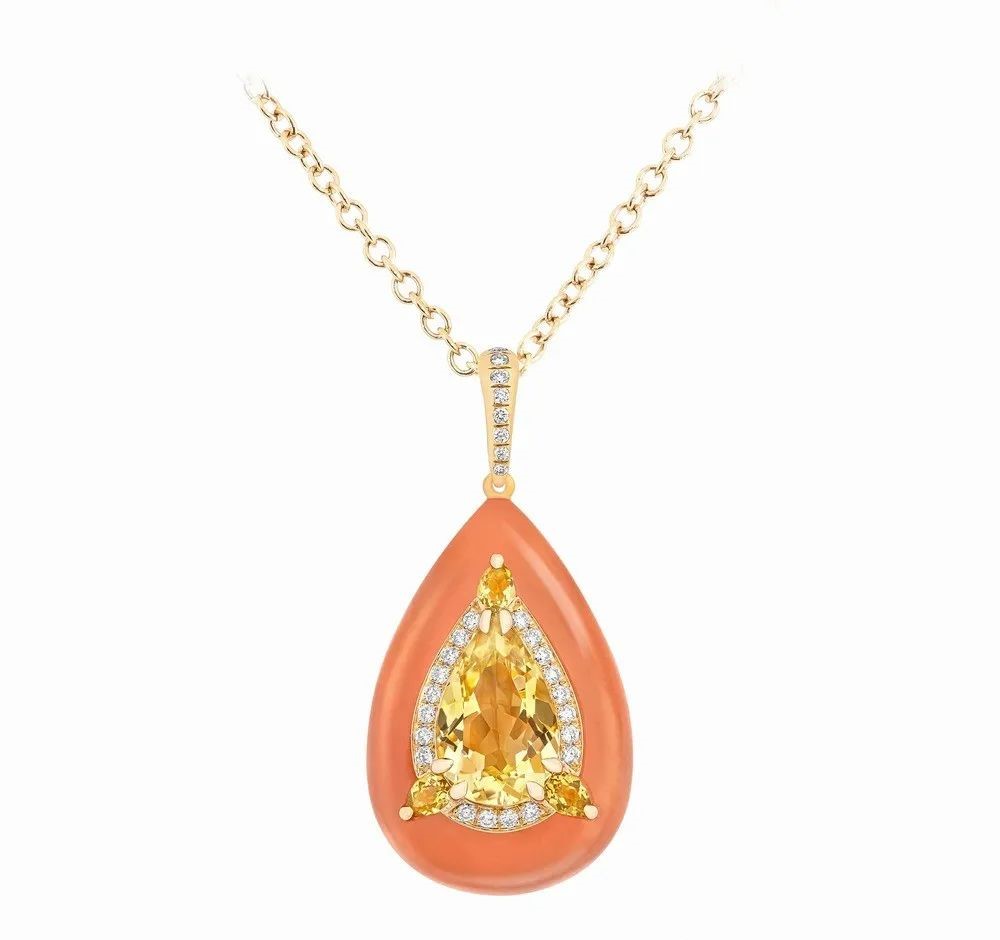 Inlay Reveal Gold Pendant, by Boghossian.
Set with one 2.05ct pear-cut citrine, one 15.67ct pear-cut orange-red quartz, three pear-cut citrines, and round brilliant-cut diamonds.