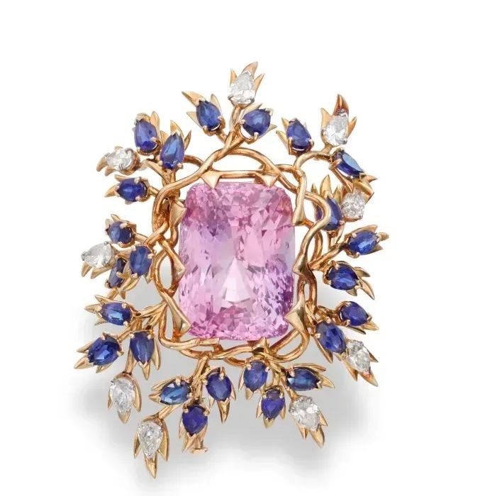 Schlumberger, unique pink sapphire, sapphire, and diamond brooch. Sold for 1,744,000 Swiss Francs.