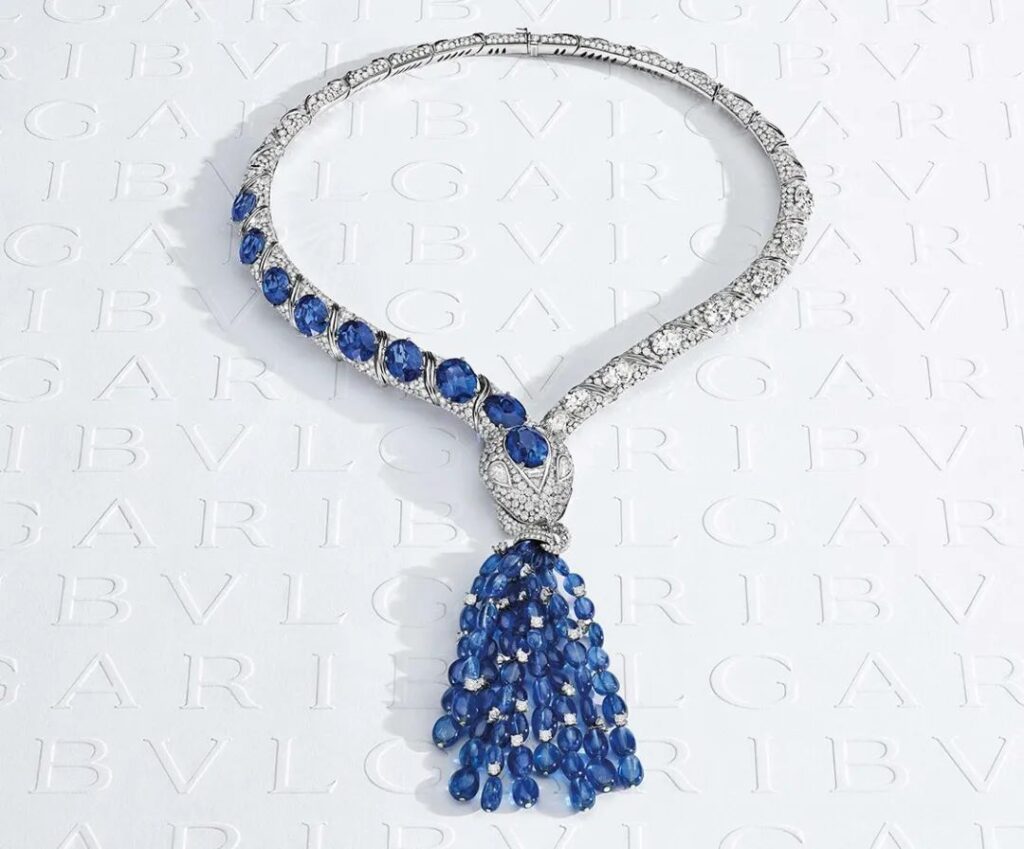 Bulgari Mediterranea high jewelry collection

Mediterranean Sapphire necklace
Nine sapphires from Zambia, total weight 40.81 carats
"Tassel" long pendant composed of 80 oval-cut sapphire beads, total weight 116.01 carats
Adorned with brilliant diamonds of various cuts, total weight 35.54 carats