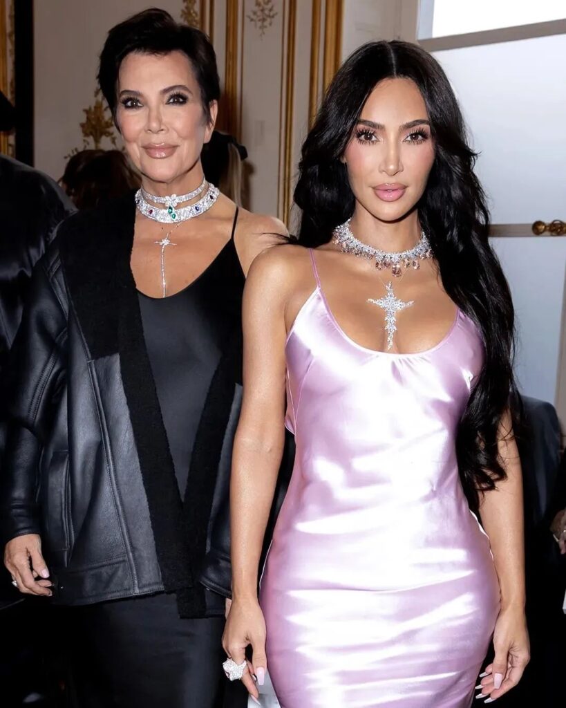 Kim Kardashian and Kris Jenner wearing
Pasquale Bruni designed diamond necklaces at Fashion Week