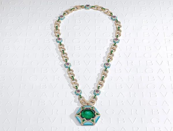 Bulgari Mediterranea high jewelry collection

Exedra necklace
Main stone is a 68.8-carat emerald from Colombia
Hexagonal pendant set with 124 baguette-cut emeralds (9.88 carats)
9 round cabochon amethysts (6.03 carats) and turquoise elements