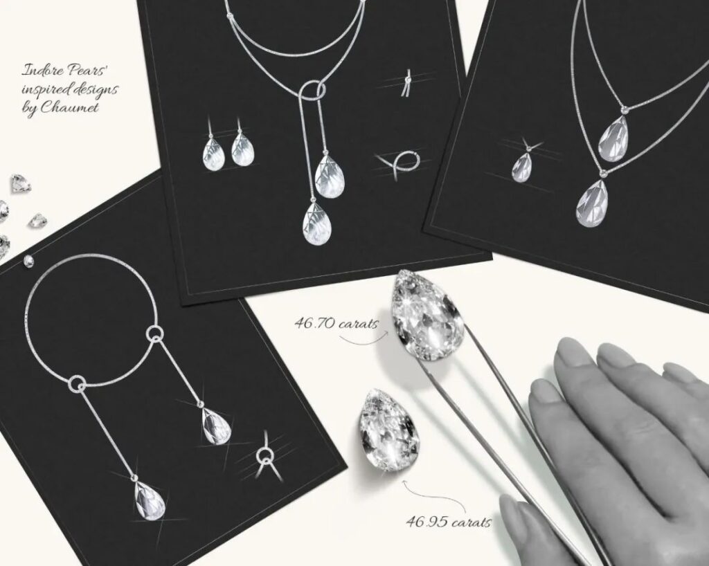 In 1913, Chaumet created various designs for a pair of natural pear-shaped diamonds selected for Tukoji Rao Holkar III