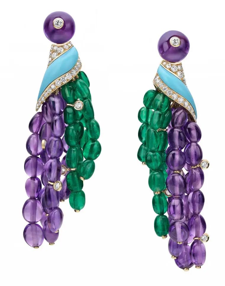 Bulgari amethyst, emerald, turquoise, and diamond earrings