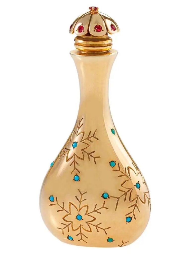 John Rubel jewelry perfume bottle, 1944
Gold, turquoise, ruby