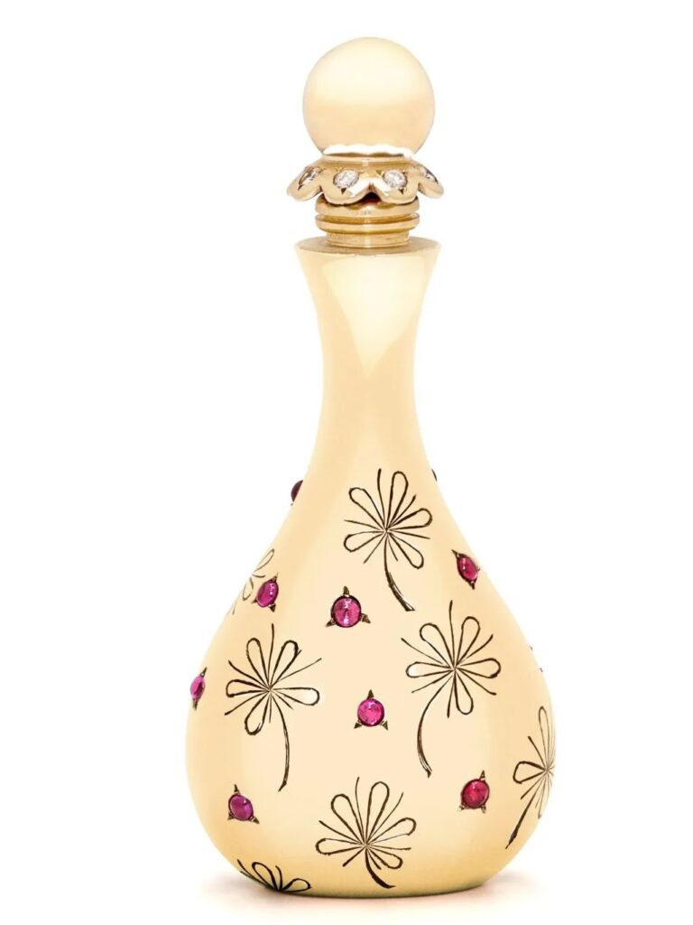 John Rubel jewelry perfume bottle, 1944
Gold, turquoise, ruby