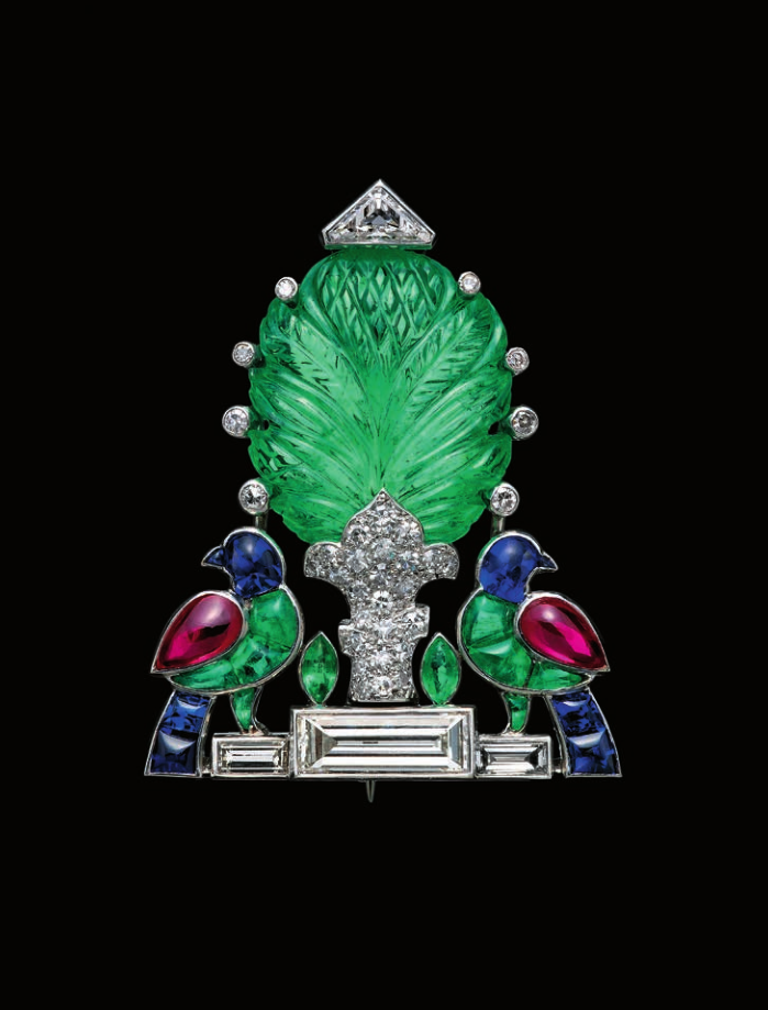 Cartier, Birds and Tree brooch, circa 1935, emeralds, diamonds, rubies, sapphires, platinum, from a private collection