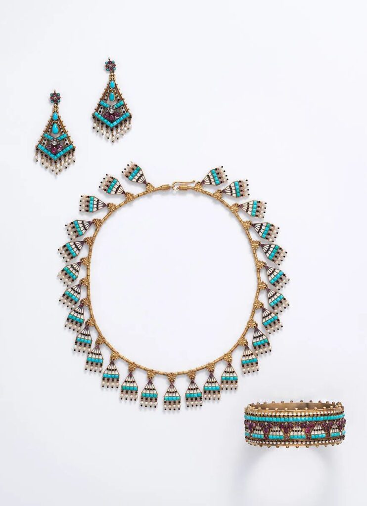 Carlo Giuliano
Egyptian Revival style set
Gold, turquoise, ruby, diamond, enamel, pearl
1865