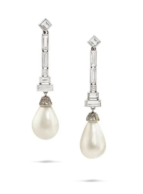 Art Deco natural pearl and diamond earrings, circa 1925
Pear-shaped natural pearls measuring 5.2 cm in height
Christie's Geneva, May 2024
Sold for: 207,900 Swiss francs