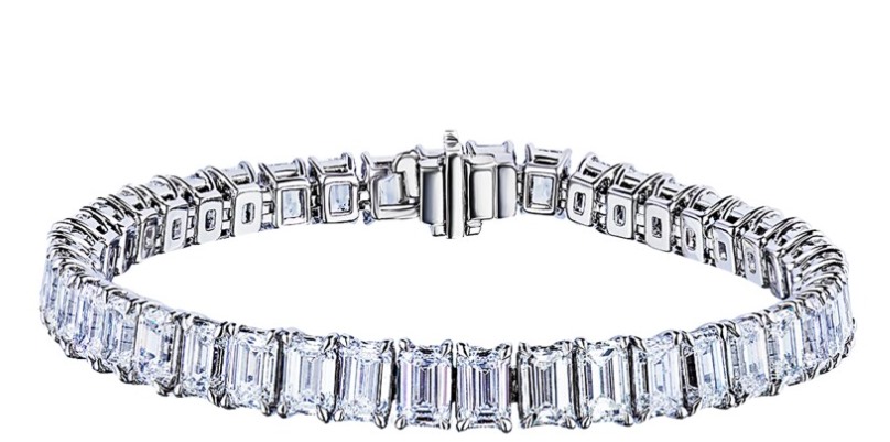 Platinum and 21.35-carat emerald-cut diamond tennis bracelet, $72,000.