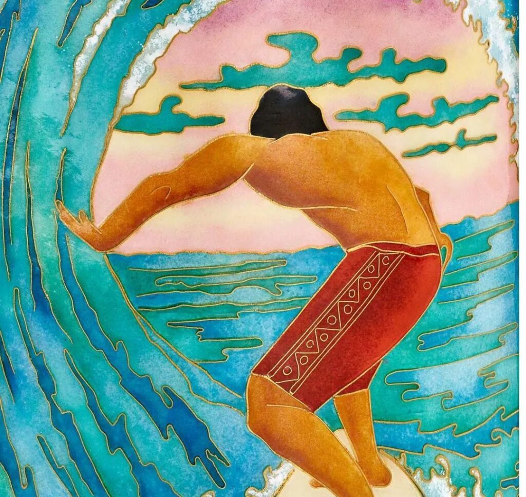 A close-up of the Hawaiian dome clock showcases the skill of Patek Philippe's artist, who used 60 enamel colors to create this scene of a surfer riding the waves in action.