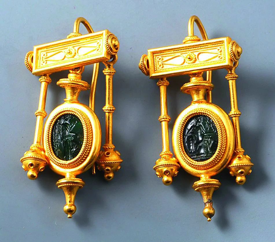 Castellani gold and gemstone carved earrings