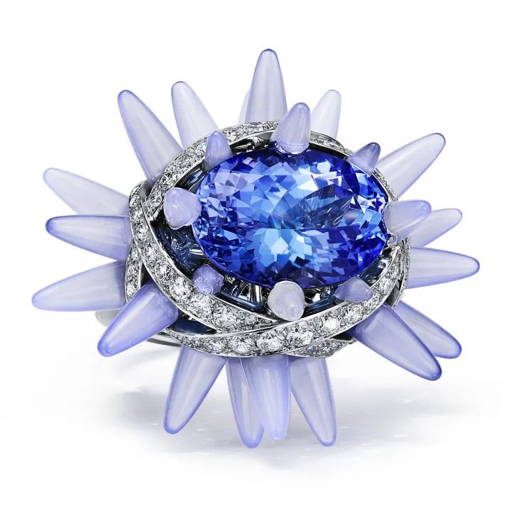 Tiffany & Co. 2023 Blue Book high jewelry collection 18K white gold, tanzanite, chalcedony, and diamond ring