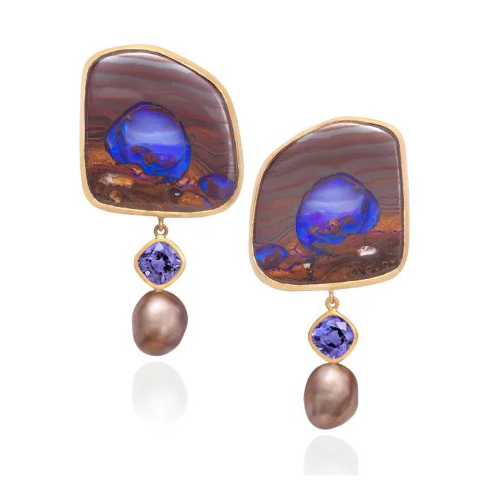 Assael earrings
Boulder opal, Tahitian baroque pearls, tanzanite