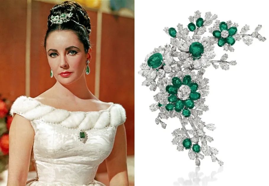 Elizabeth Taylor wearing the Bulgari emerald brooch