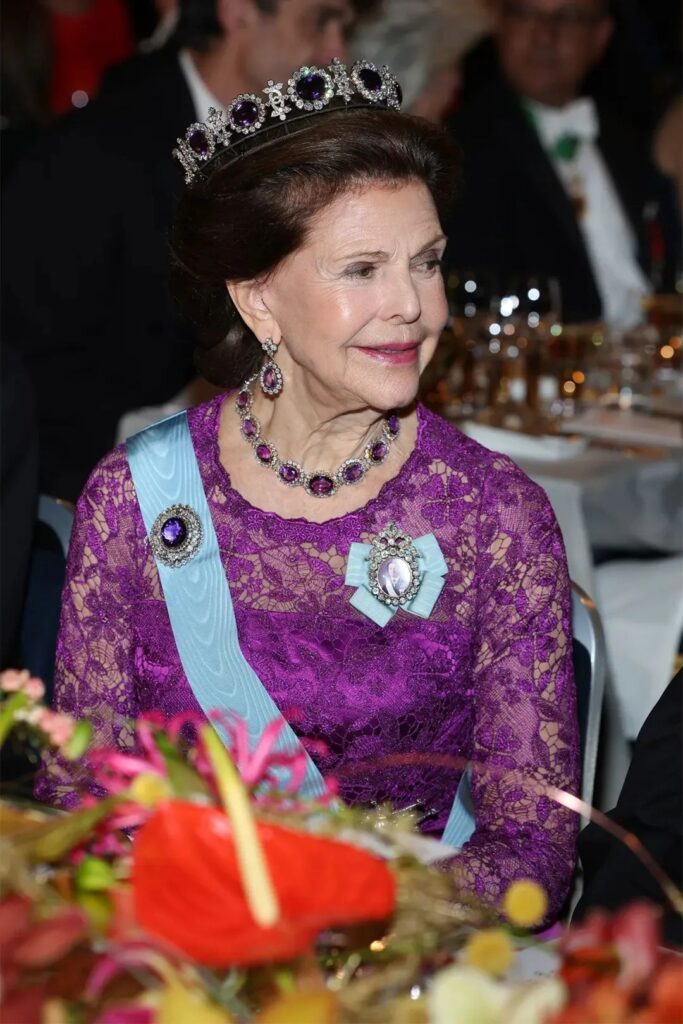 Queen Silvia of Sweden wearing the Napoleon Amethyst Parure