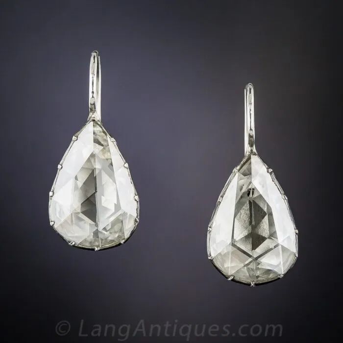 Pear-shaped Rose Cut diamond earrings with foil backing, circa mid-20th century