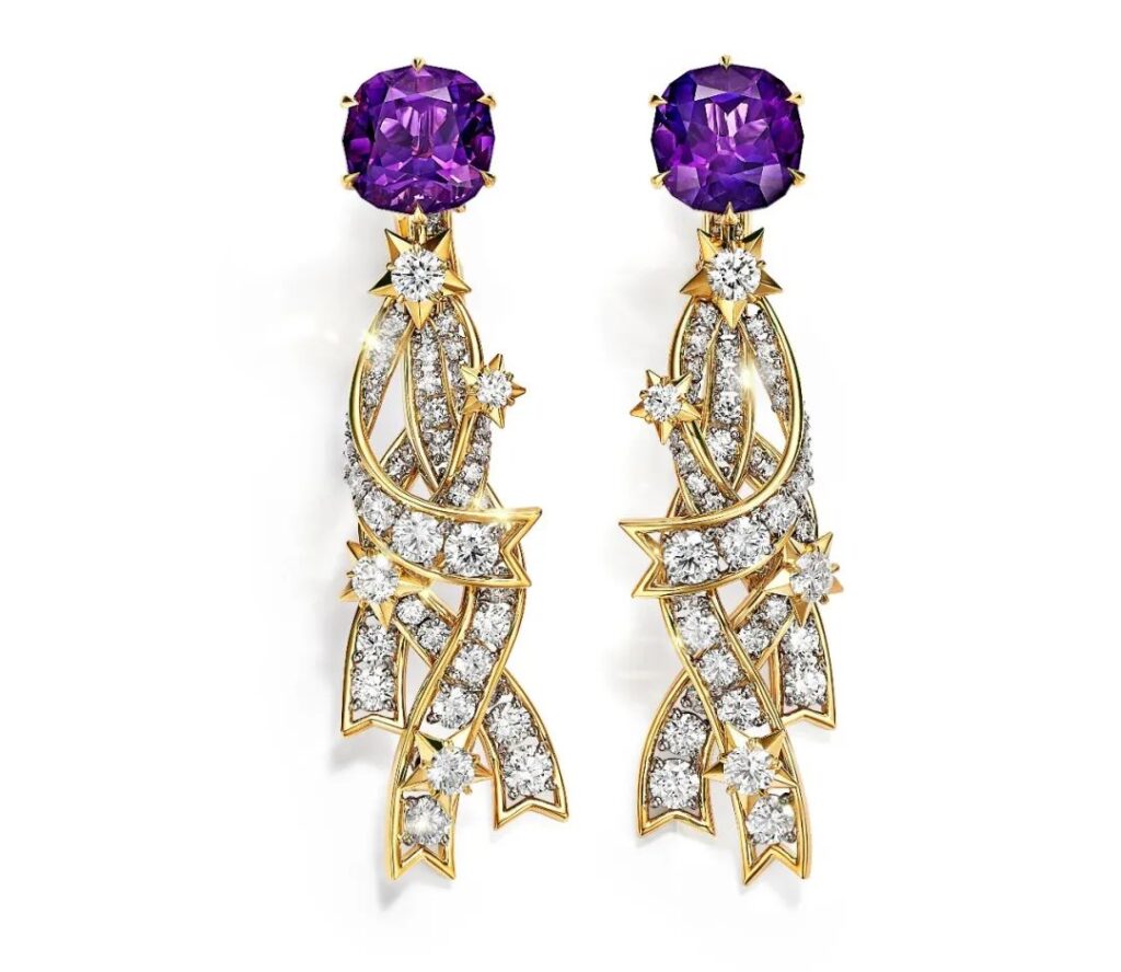 Tiffany's "2024 Blue Book High Jewelry"
"Celestial Wonders" Collection, "Shooting Star" Theme
Platinum and 18K yellow gold earrings set with amethysts and diamonds