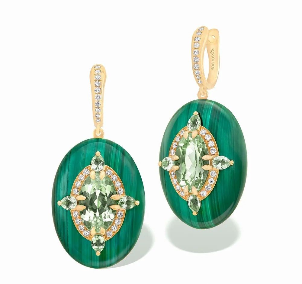 Inlay Reveal Gold Earrings, by Boghossian.
Set with two oval-cut green tourmalines totaling 4.02ct, two oval-cut malachites totaling 51.89ct, eight pear-cut green tourmalines, and round brilliant-cut diamonds.