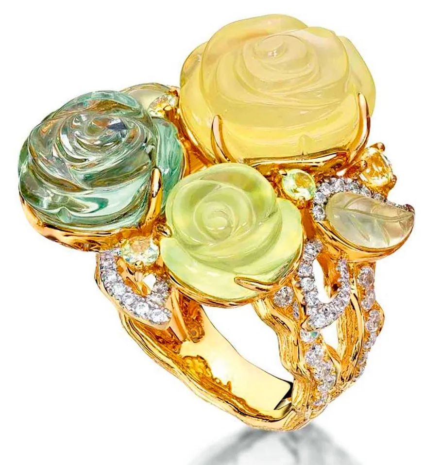 E&V 18K gold ring set with prehnite and crystal rose design.