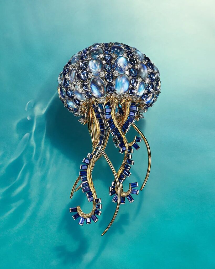 Tiffany & Co. 2023 Blue Book high jewelry collection platinum, 18K yellow gold, tanzanite, moonstone, and diamond brooch