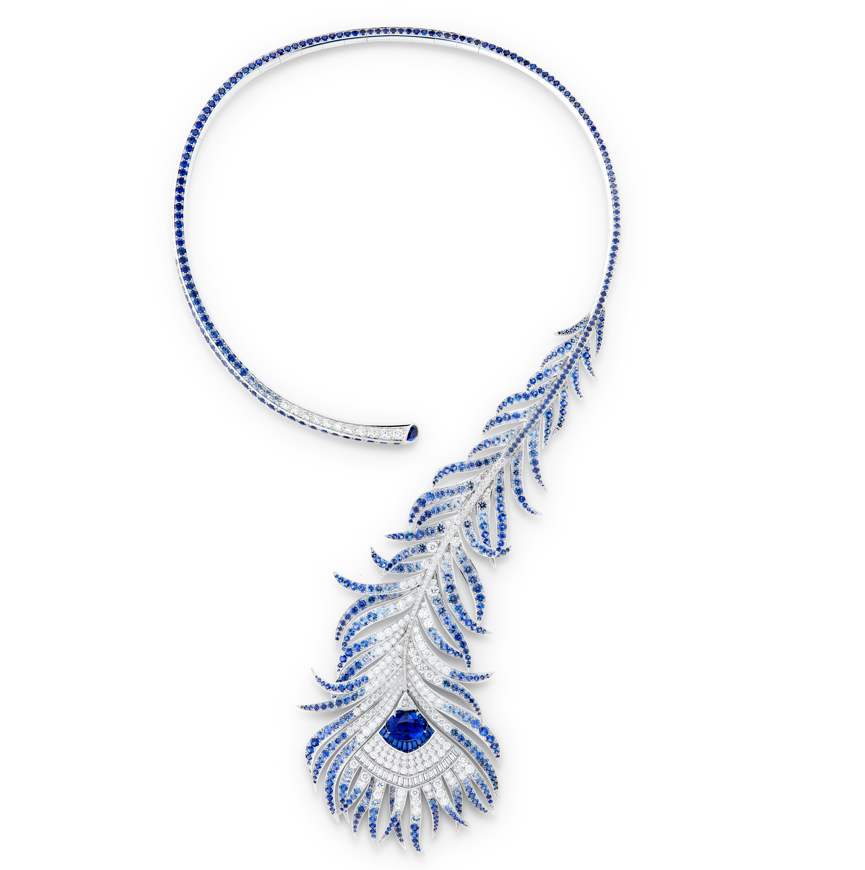 Plume de Paon Question Mark Necklace
Made of white gold, set with a 6.34-carat oval-cut
Ceylon sapphire, adorned with diamonds and sapphires