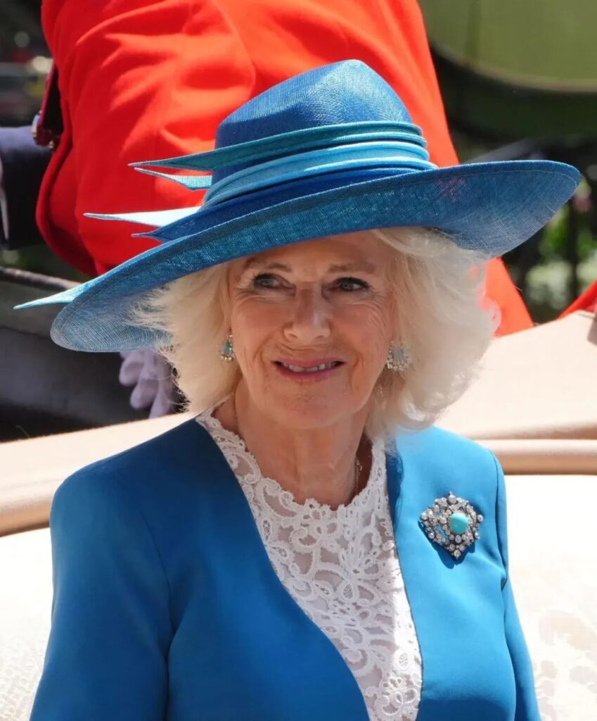 Camilla wearing the turquoise brooch.