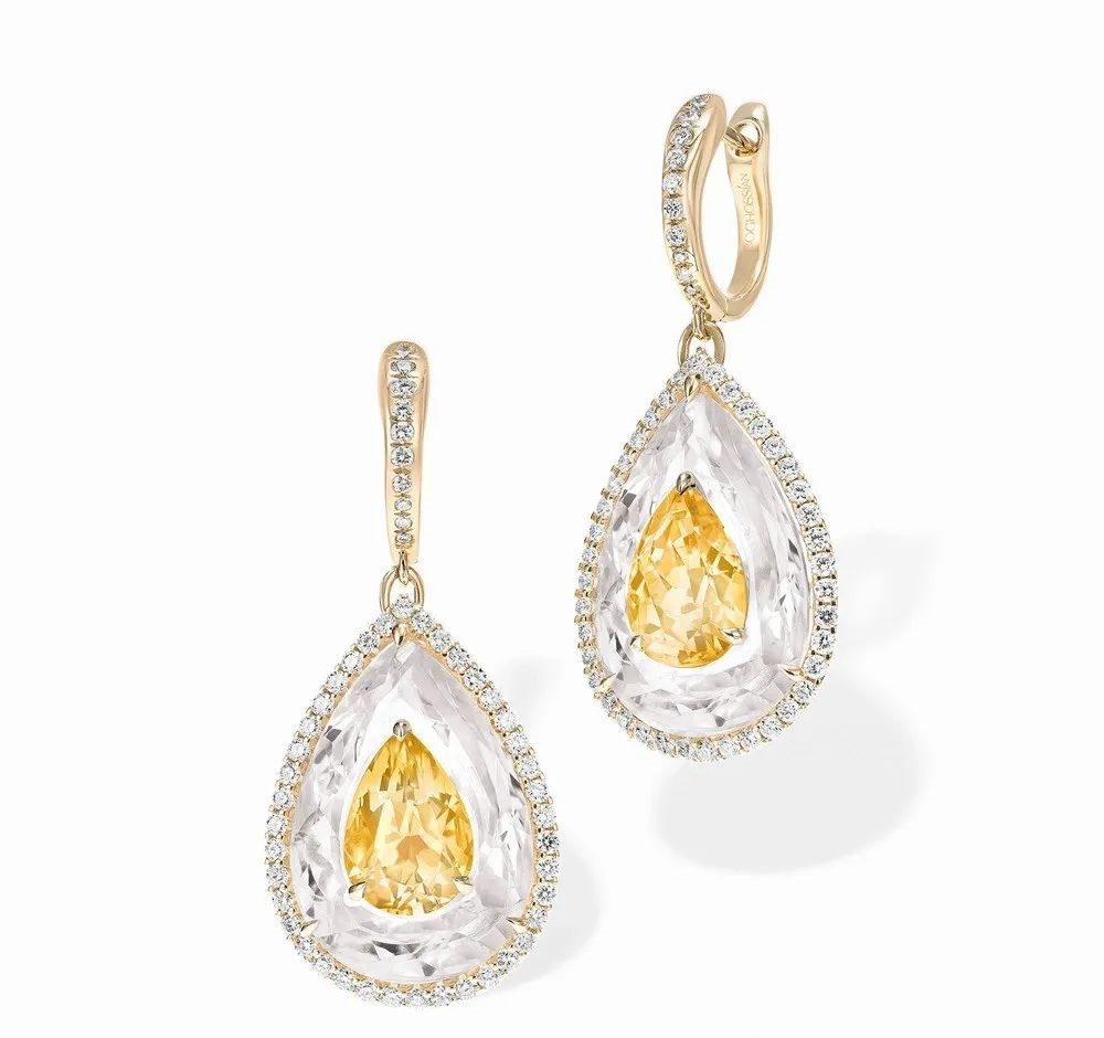 Inlay Shine Gold Earrings, by Boghossian.
Set with two pear-cut citrines totaling 2.9ct, two pear-cut crystals totaling 13.25ct, and round brilliant-cut diamonds.